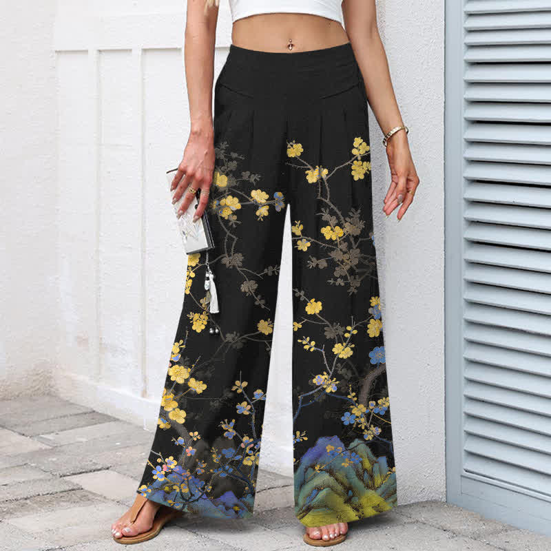 Buddha Stones Baumwoll-Leinen-Hose mit Vintage-gelbem Blumenmuster, elastischem Bund, weitem Bein und Taschen - image 1