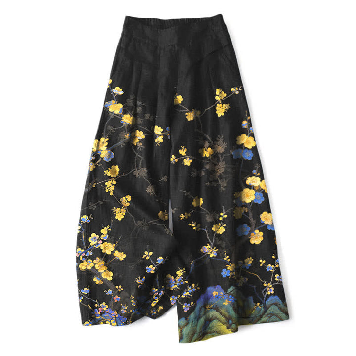 Buddha Stones Baumwoll-Leinen-Hose mit Vintage-gelbem Blumenmuster, elastischem Bund, weitem Bein und Taschen - Schwarz - US16, UK/AU20, EU48 (3XL) - image 0
