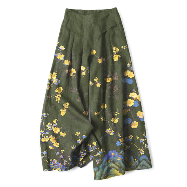 Buddha Stones Baumwoll-Leinen-Hose mit Vintage-gelbem Blumenmuster, elastischem Bund, weitem Bein und Taschen - Dunkelolivgrün - US16, UK/AU20, EU48 (3XL) - image 4