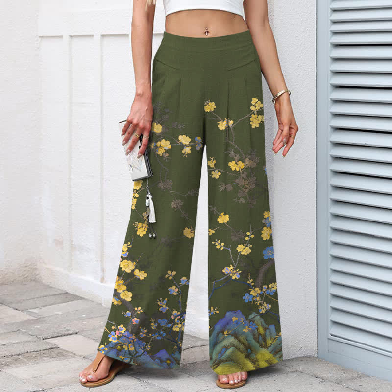 Buddha Stones Baumwoll-Leinen-Hose mit Vintage-gelbem Blumenmuster, elastischem Bund, weitem Bein und Taschen - image 5
