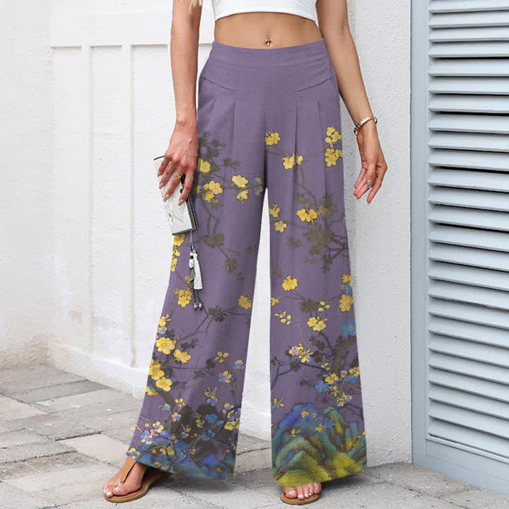 Buddha Stones Baumwoll-Leinen-Hose mit Vintage-gelbem Blumenmuster, elastischem Bund, weitem Bein und Taschen - image 7