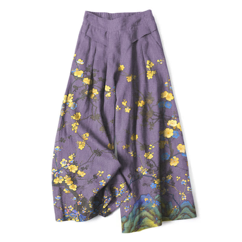 Buddha Stones Baumwoll-Leinen-Hose mit Vintage-gelbem Blumenmuster, elastischem Bund, weitem Bein und Taschen - Mittelviolett - US16, UK/AU20, EU48 (3XL) - image 6