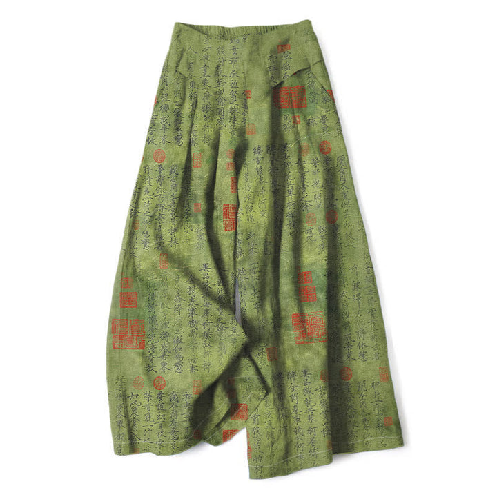 Buddha Stones Baumwoll-Leinen-Hose mit Vintage-Schriftmuster, elastischem Bund, weitem Bein und Taschen - Olivgrün - US16, UK/AU20, EU48 (3XL) - image 0