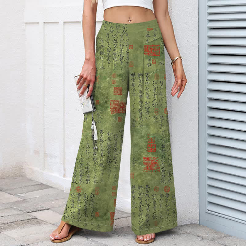 Buddha Stones Baumwoll-Leinen-Hose mit Vintage-Schriftmuster, elastischem Bund, weitem Bein und Taschen - image 1