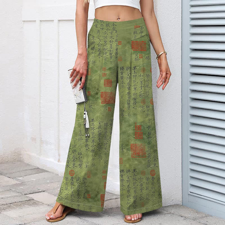 Buddha Stones Baumwoll-Leinen-Hose mit Vintage-Schriftmuster, elastischem Bund, weitem Bein und Taschen - image 1