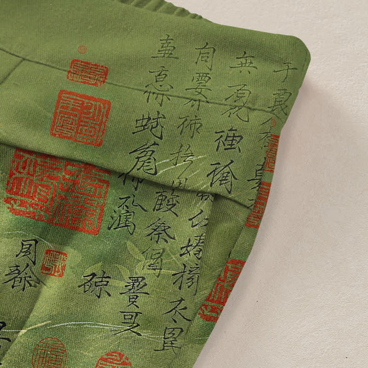 Buddha Stones Baumwoll-Leinen-Hose mit Vintage-Schriftmuster, elastischem Bund, weitem Bein und Taschen - image 2