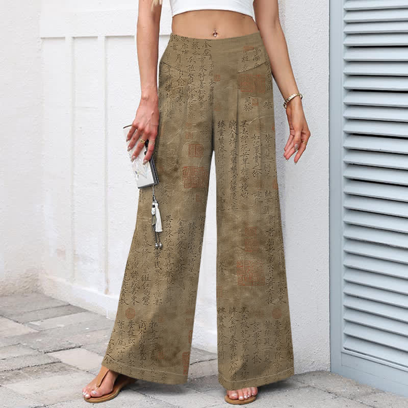 Buddha Stones Baumwoll-Leinen-Hose mit Vintage-Schriftmuster, elastischem Bund, weitem Bein und Taschen - image 5