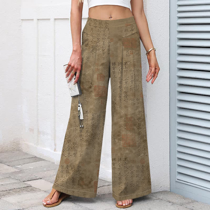 Buddha Stones Baumwoll-Leinen-Hose mit Vintage-Schriftmuster, elastischem Bund, weitem Bein und Taschen - image 5