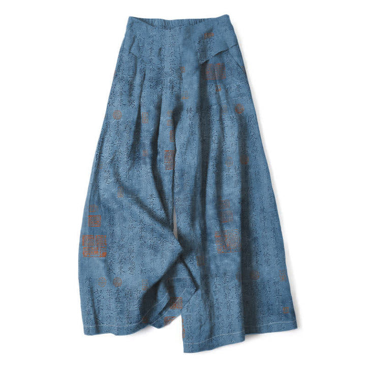 Buddha Stones Baumwoll-Leinen-Hose mit Vintage-Schriftmuster, elastischem Bund, weitem Bein und Taschen - SteelBlue - US16, UK/AU20, EU48 (3XL) - image 6