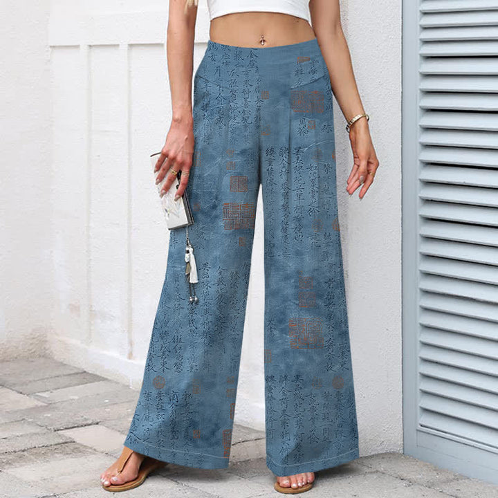 Buddha Stones Baumwoll-Leinen-Hose mit Vintage-Schriftmuster, elastischem Bund, weitem Bein und Taschen - image 7