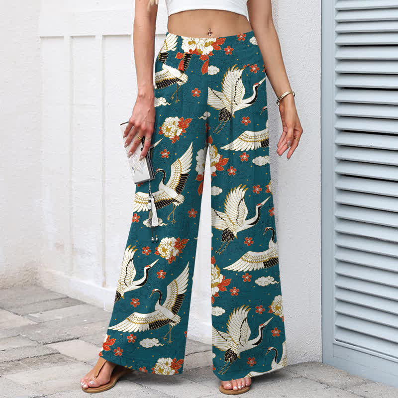 Buddha Stones Baumwoll-Leinen-Hose mit Kranichblütenmuster, elastischem Bund, weitem Bein und Taschen - image 1