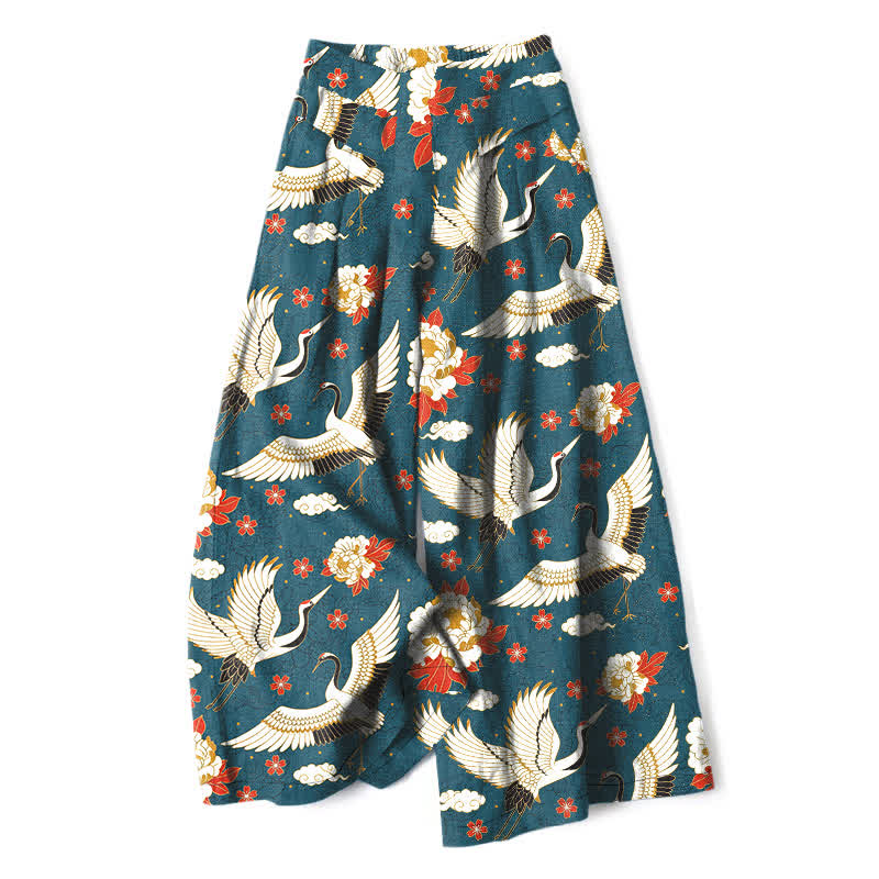 Buddha Stones Baumwoll-Leinen-Hose mit Kranichblütenmuster, elastischem Bund, weitem Bein und Taschen - Türkis - US16, UK/AU20, EU48 (3XL) - image 0