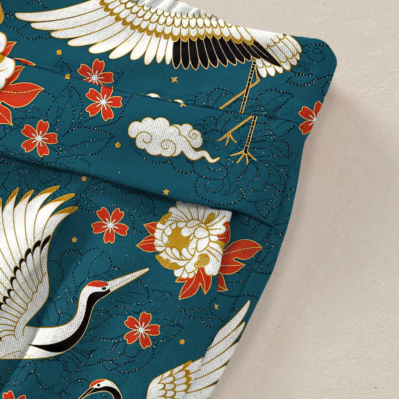 Buddha Stones Baumwoll-Leinen-Hose mit Kranichblütenmuster, elastischem Bund, weitem Bein und Taschen - image 2