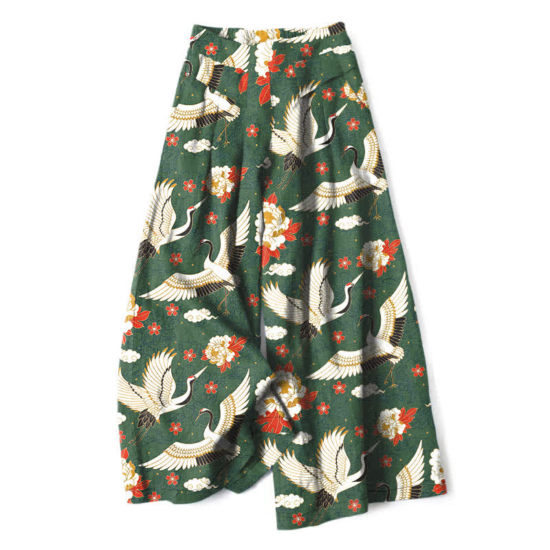 Buddha Stones Baumwoll-Leinen-Hose mit Kranichblütenmuster, elastischem Bund, weitem Bein und Taschen - Dunkelolivgrün - US16, UK/AU20, EU48 (3XL) - image 4