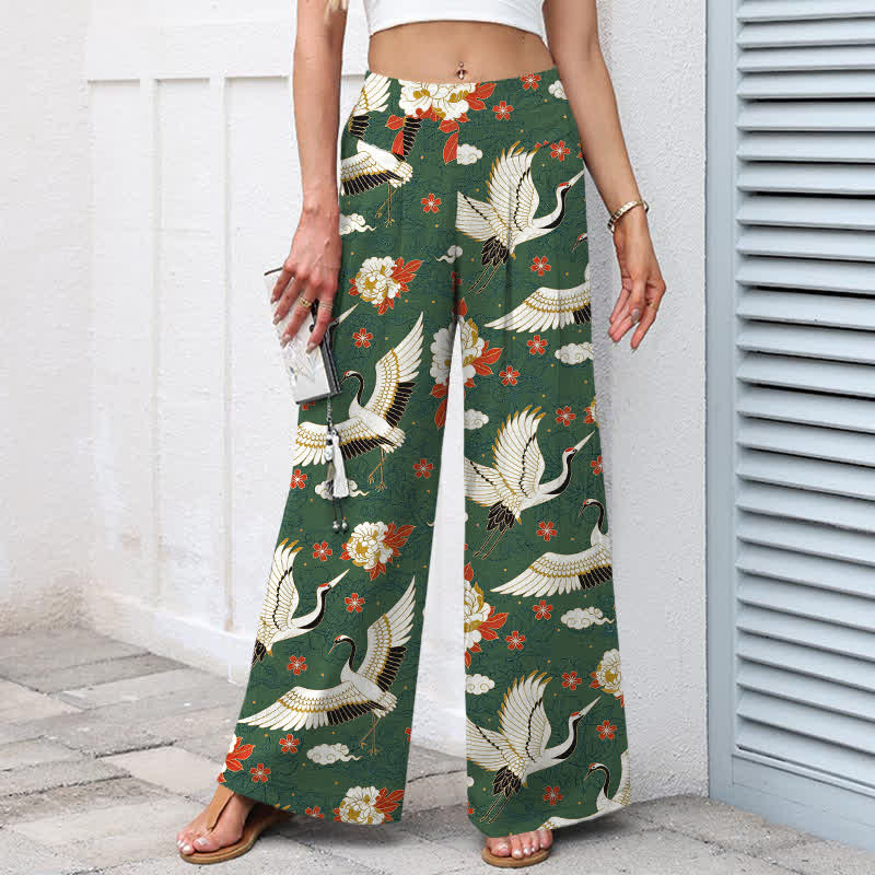 Buddha Stones Baumwoll-Leinen-Hose mit Kranichblütenmuster, elastischem Bund, weitem Bein und Taschen - image 5