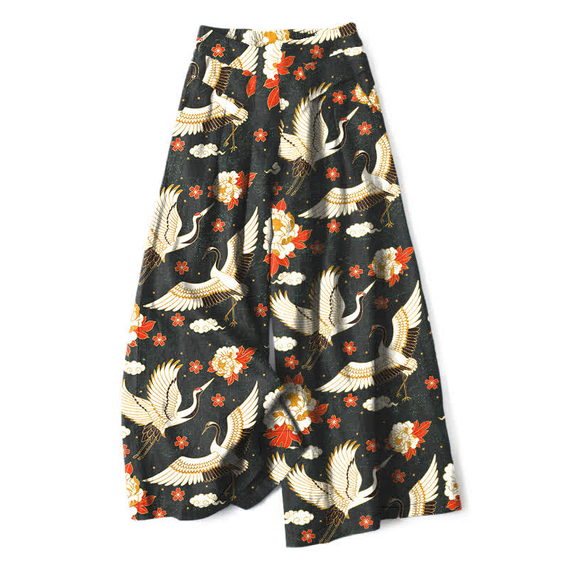 Buddha Stones Baumwoll-Leinen-Hose mit Kranichblütenmuster, elastischem Bund, weitem Bein und Taschen - Schwarz - US16, UK/AU20, EU48 (3XL) - image 6