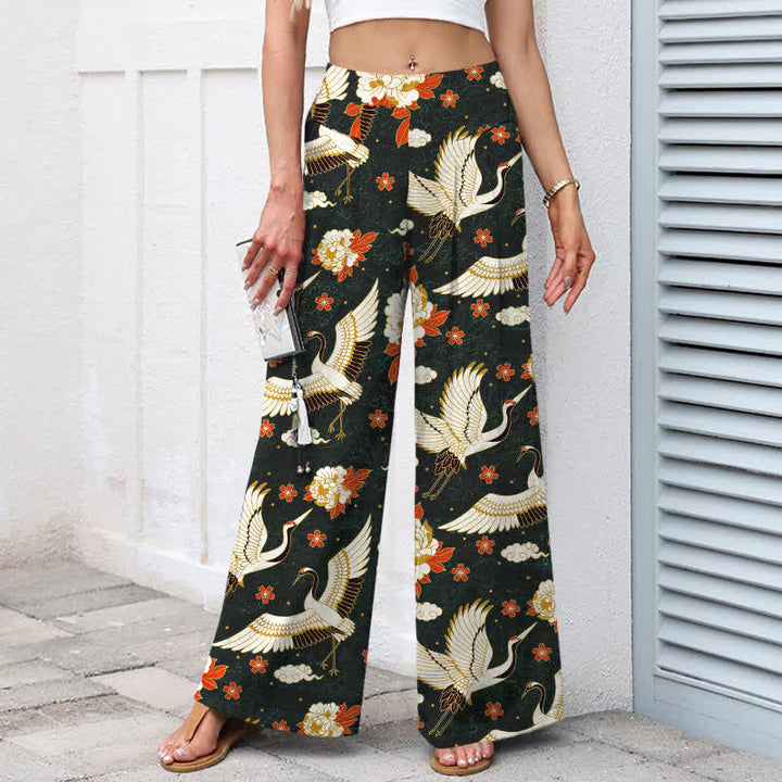 Buddha Stones Baumwoll-Leinen-Hose mit Kranichblütenmuster, elastischem Bund, weitem Bein und Taschen - image 7