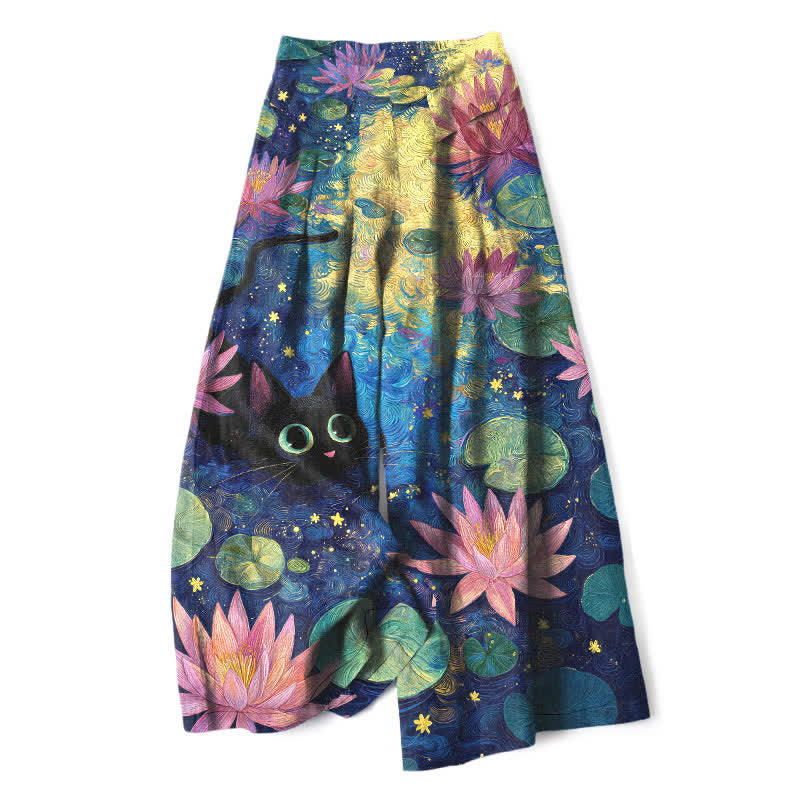 Buddha Stones Baumwoll-Leinen-Hose mit himmlischem Blumenmuster (Katze, Lotus) für Damen, elastischer Bund, weites Bein und Taschen - Marine - US16, UK/AU20, EU48 (3XL) - image 0