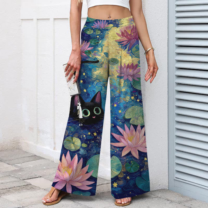 Buddha Stones Baumwoll-Leinen-Hose mit himmlischem Blumenmuster (Katze, Lotus) für Damen, elastischer Bund, weites Bein und Taschen - image 1