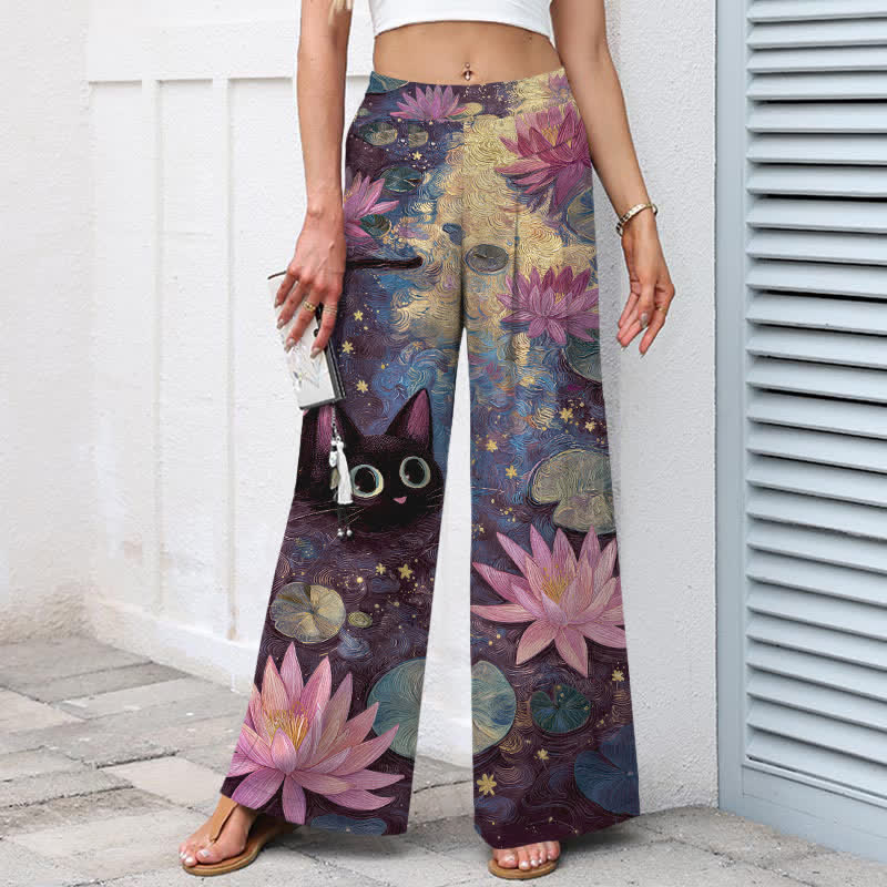 Buddha Stones Baumwoll-Leinen-Hose mit himmlischem Blumenmuster (Katze, Lotus) für Damen, elastischer Bund, weites Bein und Taschen - image 5