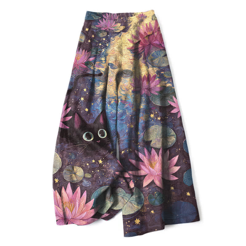 Buddha Stones Baumwoll-Leinen-Hose mit himmlischem Blumenmuster (Katze, Lotus) für Damen, elastischer Bund, weites Bein und Taschen - Dunkelschieferblau - US16, UK/AU20, EU48 (3XL) - image 4