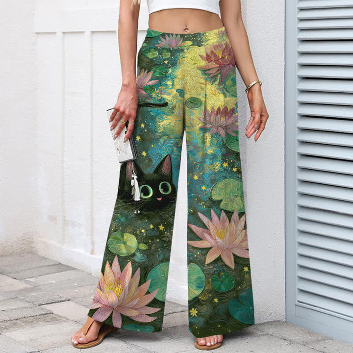 Buddha Stones Baumwoll-Leinen-Hose mit himmlischem Blumenmuster (Katze, Lotus) für Damen, elastischer Bund, weites Bein und Taschen - image 7