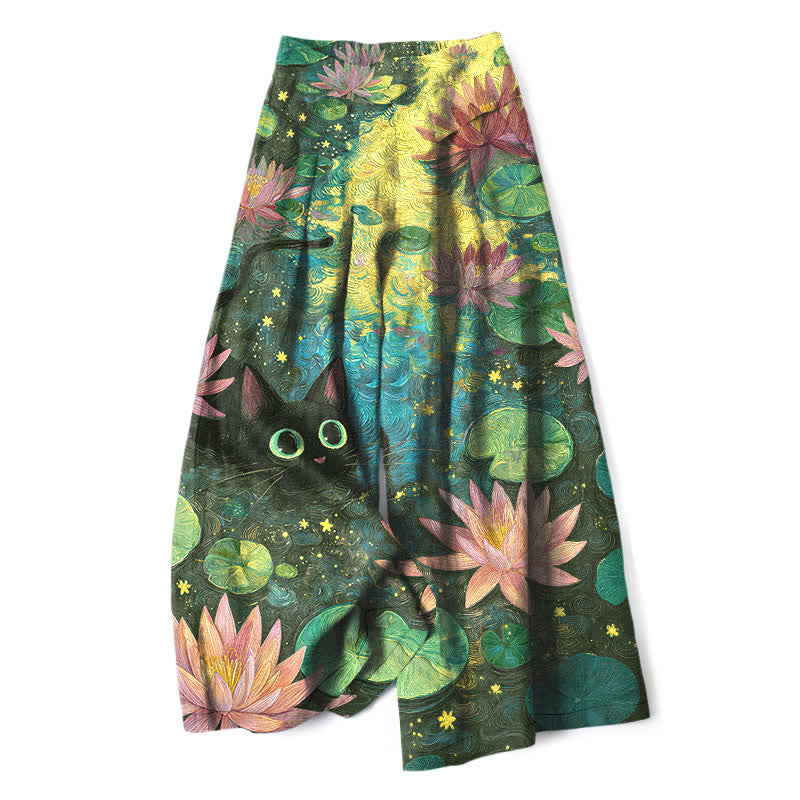 Buddha Stones Baumwoll-Leinen-Hose mit himmlischem Blumenmuster (Katze, Lotus) für Damen, elastischer Bund, weites Bein und Taschen - Dunkelolivgrün - US16, UK/AU20, EU48 (3XL) - image 6