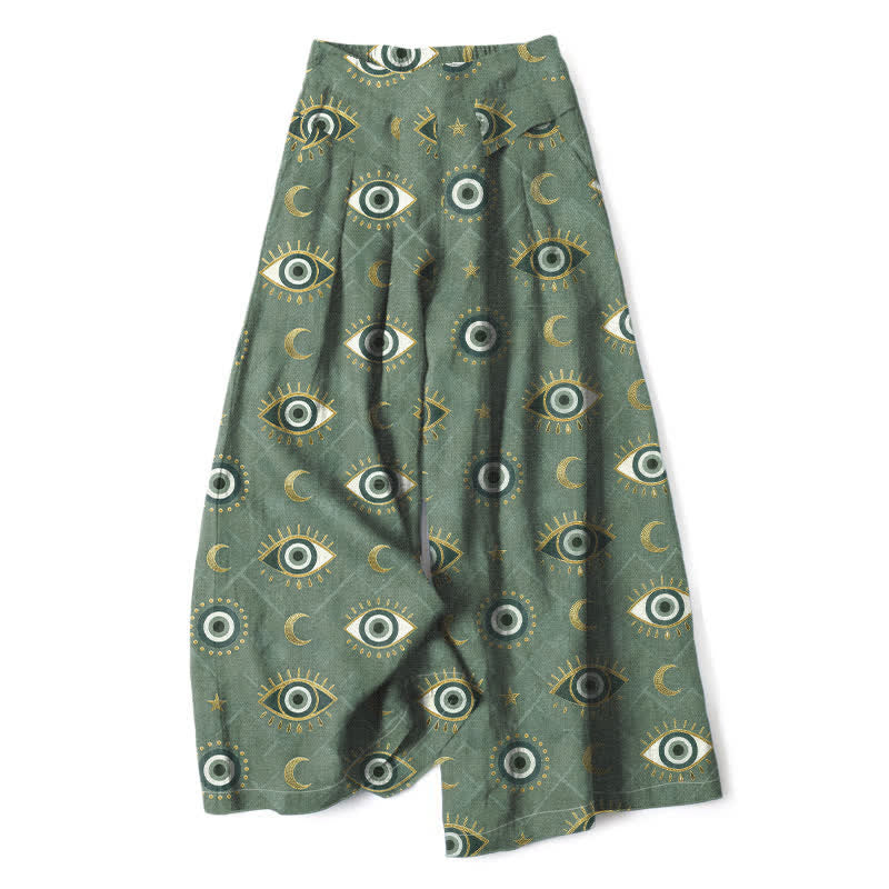 Buddha Stones Baumwoll-Leinen-Hose mit Mondmuster und elastischem Bund, weitem Bein und Taschen - Dunkelolivgrün - US16, UK/AU20, EU48 (3XL) - image 0