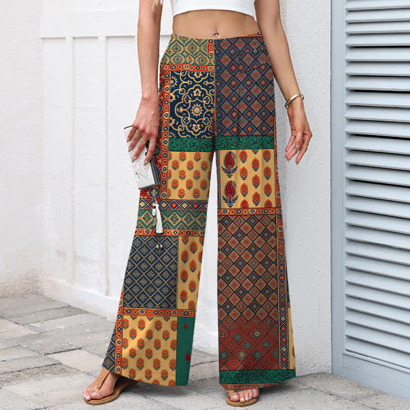 Buddha Stones Baumwoll-Leinen-Hose mit Vintage-Blumenmuster, elastischem Bund, weitem Bein und Taschen - image 1