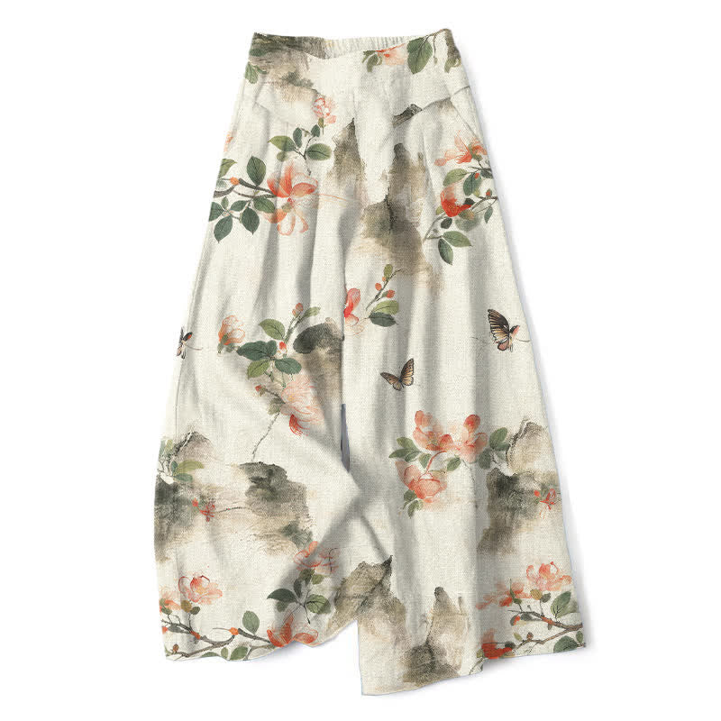 Buddha Stones Baumwoll-Leinen-Hose mit Vintage-Blumenmuster, elastischem Bund, weitem Bein und Taschen - Elfenbein - US16, UK/AU20, EU48 (3XL) - image 0