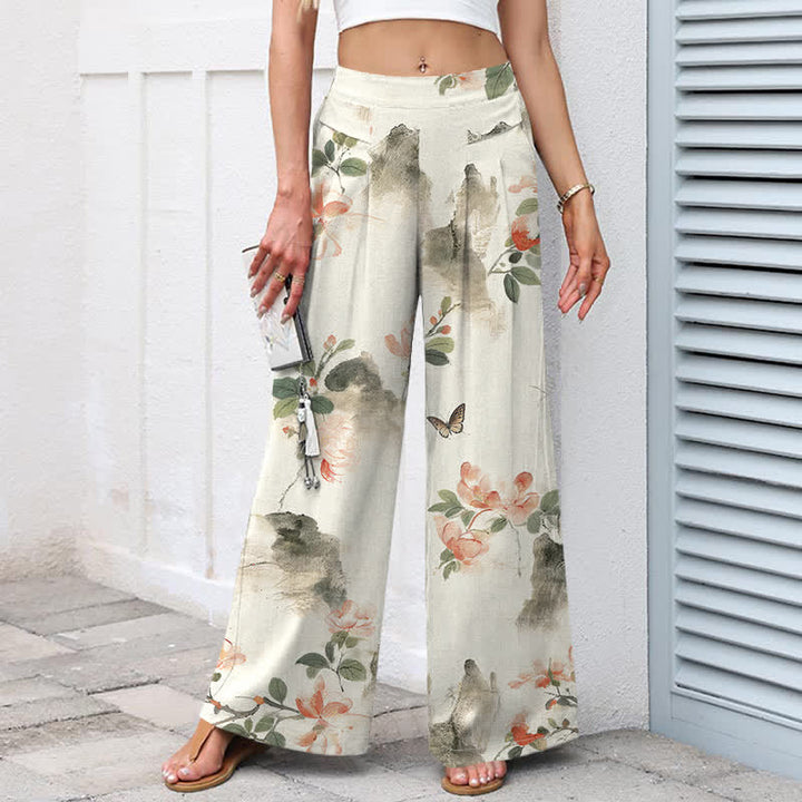 Buddha Stones Baumwoll-Leinen-Hose mit Vintage-Blumenmuster, elastischem Bund, weitem Bein und Taschen - image 1
