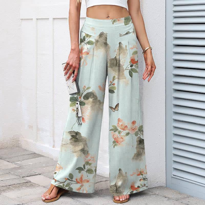 Buddha Stones Baumwoll-Leinen-Hose mit Vintage-Blumenmuster, elastischem Bund, weitem Bein und Taschen - image 5