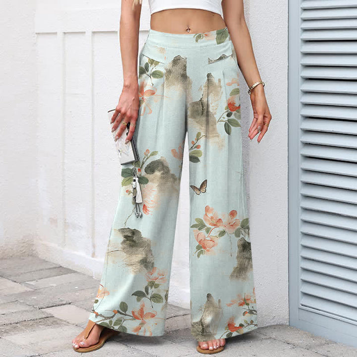 Buddha Stones Baumwoll-Leinen-Hose mit Vintage-Blumenmuster, elastischem Bund, weitem Bein und Taschen - image 5