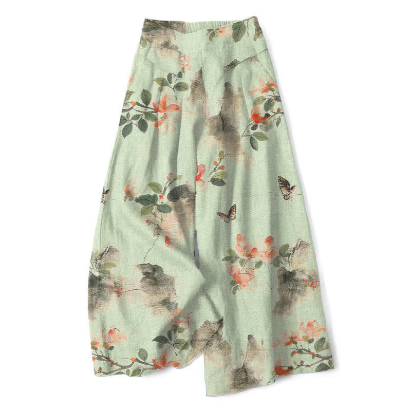 Buddha Stones Baumwoll-Leinen-Hose mit Vintage-Blumenmuster, elastischem Bund, weitem Bein und Taschen - Honigmelone - US16, UK/AU20, EU48 (3XL) - image 6