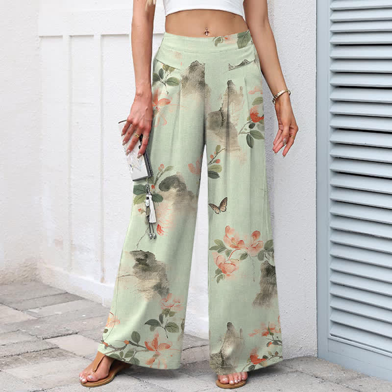 Buddha Stones Baumwoll-Leinen-Hose mit Vintage-Blumenmuster, elastischem Bund, weitem Bein und Taschen - image 7