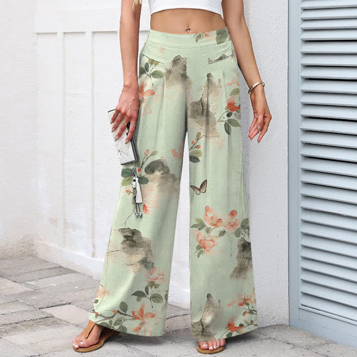 Buddha Stones Baumwoll-Leinen-Hose mit Vintage-Blumenmuster, elastischem Bund, weitem Bein und Taschen - image 7