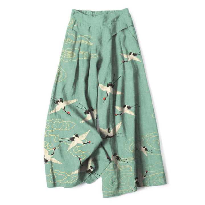 Buddha Stones Baumwoll-Leinen-Hose im Vintage-Stil mit Kranich- und Wolkenmuster, elastischem Bund, weitem Bein und Taschen - Mittel-Aquamarin - US16, UK/AU20, EU48 (3XL) - image 0