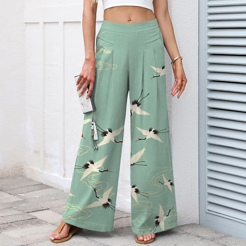 Buddha Stones Baumwoll-Leinen-Hose im Vintage-Stil mit Kranich- und Wolkenmuster, elastischem Bund, weitem Bein und Taschen - image 1