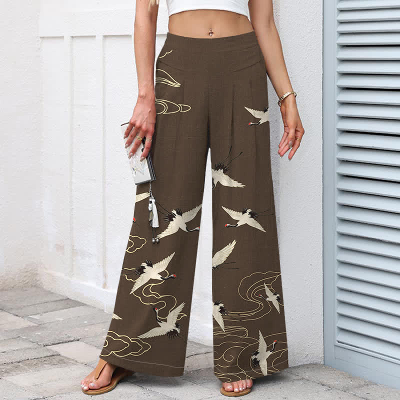 Buddha Stones Baumwoll-Leinen-Hose im Vintage-Stil mit Kranich- und Wolkenmuster, elastischem Bund, weitem Bein und Taschen - image 5