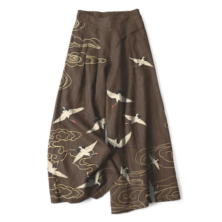 Buddha Stones Baumwoll-Leinen-Hose im Vintage-Stil mit Kranich- und Wolkenmuster, elastischem Bund, weitem Bein und Taschen - Sattelbraun - US16, UK/AU20, EU48 (3XL) - image 4