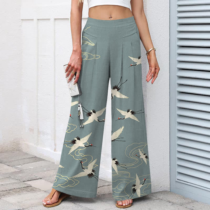 Buddha Stones Baumwoll-Leinen-Hose im Vintage-Stil mit Kranich- und Wolkenmuster, elastischem Bund, weitem Bein und Taschen - image 7
