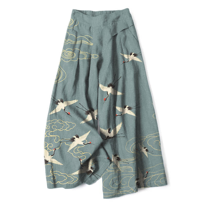 Buddha Stones Baumwoll-Leinen-Hose im Vintage-Stil mit Kranich- und Wolkenmuster, elastischem Bund, weitem Bein und Taschen - Schiefergrau - US16, UK/AU20, EU48 (3XL) - image 6