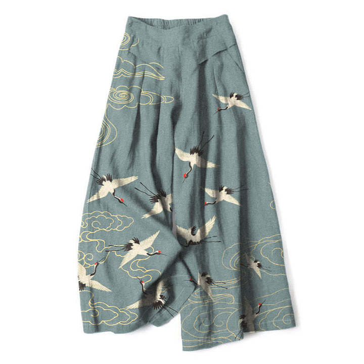 Buddha Stones Baumwoll-Leinen-Hose im Vintage-Stil mit Kranich- und Wolkenmuster, elastischem Bund, weitem Bein und Taschen - Schiefergrau - US16, UK/AU20, EU48 (3XL) - image 6