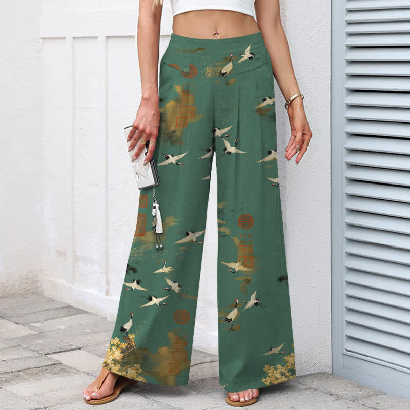 Buddha Stones Weiße Damenhose mit Kranich- und Blumenmuster aus Baumwoll-Leinen-Mischgewebe, elastischem Bund, weitem Bein und Taschen - image 1