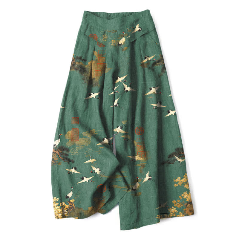 Buddha Stones Weiße Damenhose mit Kranich- und Blumenmuster aus Baumwoll-Leinen-Mischgewebe, elastischem Bund, weitem Bein und Taschen - SeaGreen - US16, UK/AU20, EU48 (3XL) - image 0