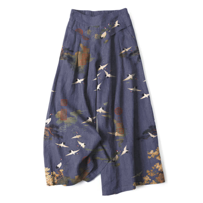Buddha Stones Weiße Damenhose mit Kranich- und Blumenmuster aus Baumwoll-Leinen-Mischgewebe, elastischem Bund, weitem Bein und Taschen - Mittelviolett - US16, UK/AU20, EU48 (3XL) - image 4
