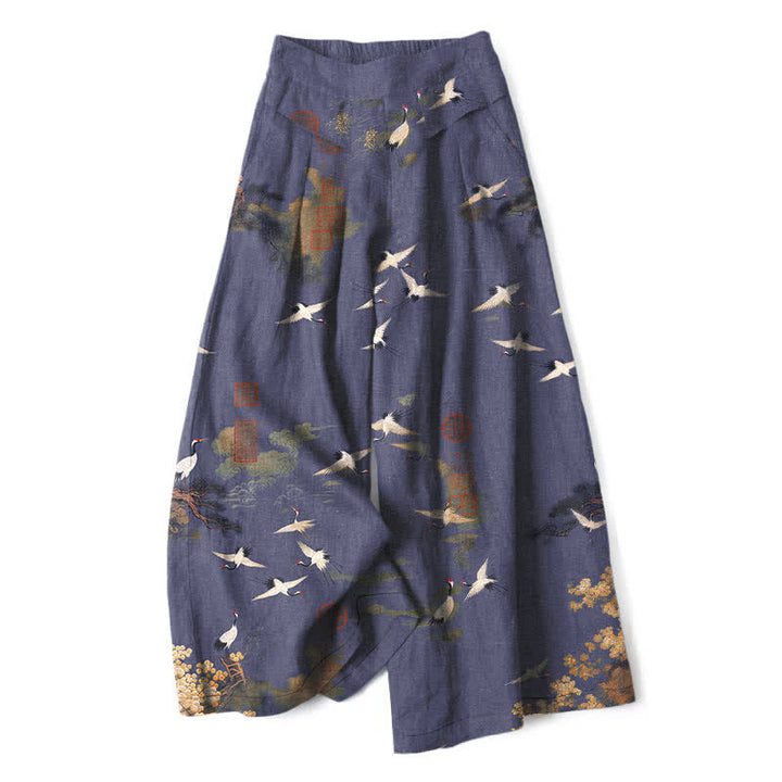 Buddha Stones Weiße Damenhose mit Kranich- und Blumenmuster aus Baumwoll-Leinen-Mischgewebe, elastischem Bund, weitem Bein und Taschen - Mittelviolett - US16, UK/AU20, EU48 (3XL) - image 4