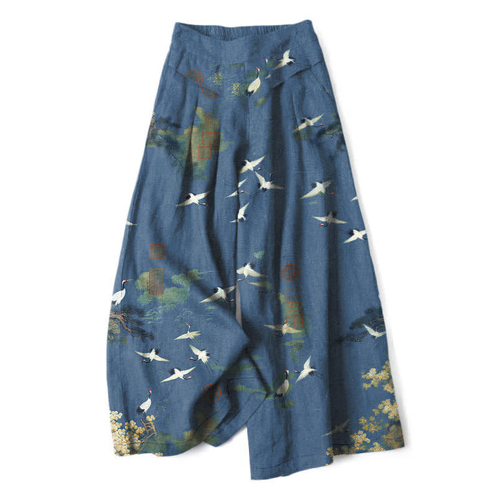 Buddha Stones Weiße Damenhose mit Kranich- und Blumenmuster aus Baumwoll-Leinen-Mischgewebe, elastischem Bund, weitem Bein und Taschen - SteelBlue - US16, UK/AU20, EU48 (3XL) - image 6