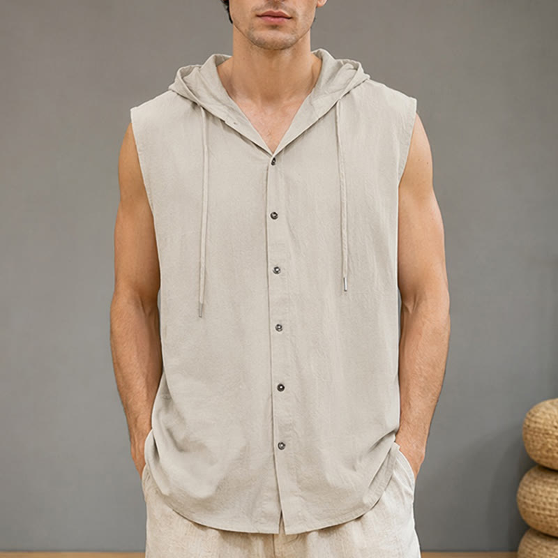 Buddha Stones Lässiges, minimalistisches Tanktop mit Knopfleiste und Kordelzug für Herren – ärmellos - Bräunen - US/UK/AU46, EU56 (3XL) - image 10