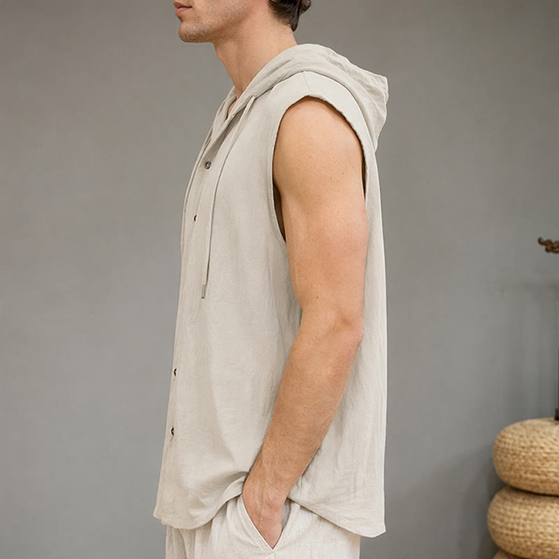 Buddha Stones Lässiges, minimalistisches Tanktop mit Knopfleiste und Kordelzug für Herren – ärmellos - image 12
